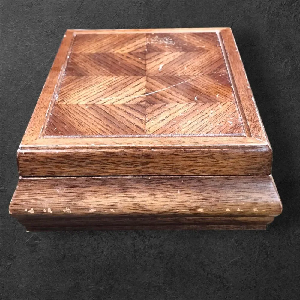 Vintage 1970s Wood Jewelry Box Orange Velvet Parquet Lid Jay Import Co 13